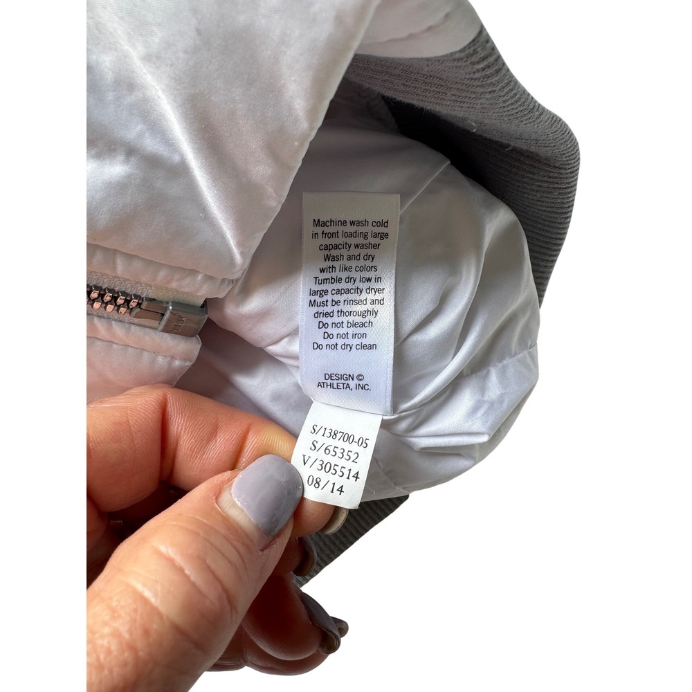 Athleta Down Bomber Jacket Small White Gray Trim Puffer Goose Down Zip - Picture 5 of 7
